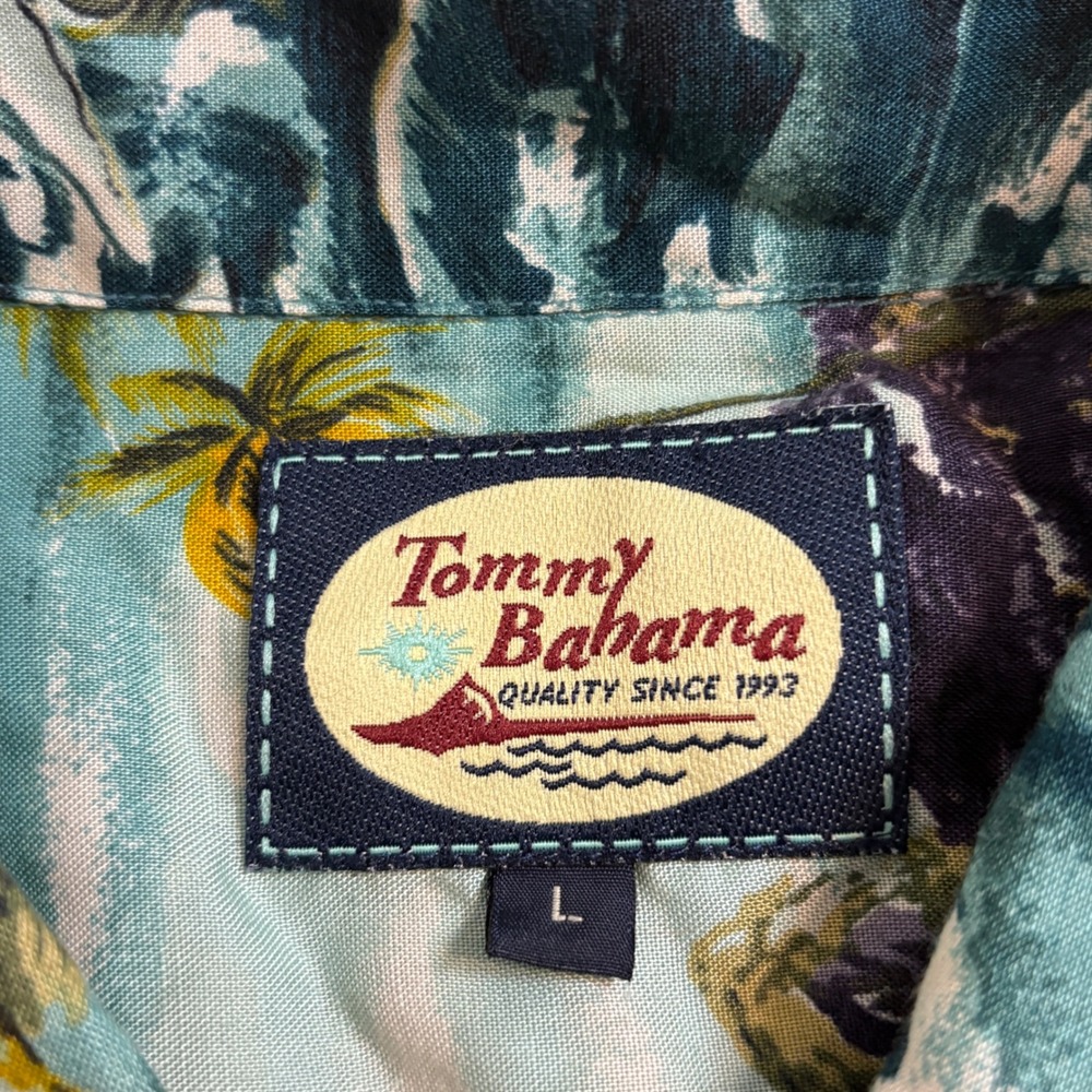 Tommy Bahama Mens Large Rayon Sailboat Palm Tree Nautical Camp Shirt Teal Blue - Picture 6 of 9